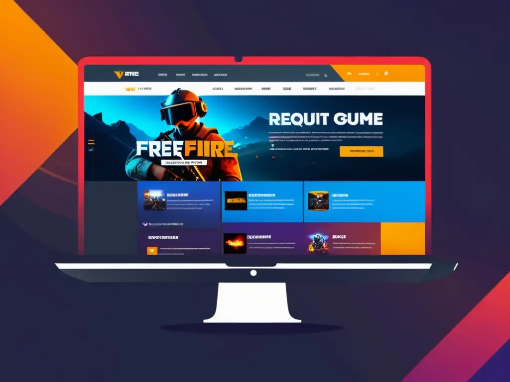 Interfaz futurista de sitio web de juegos con gráficos vibrantes temáticos de FreeFire y contenido optimizado