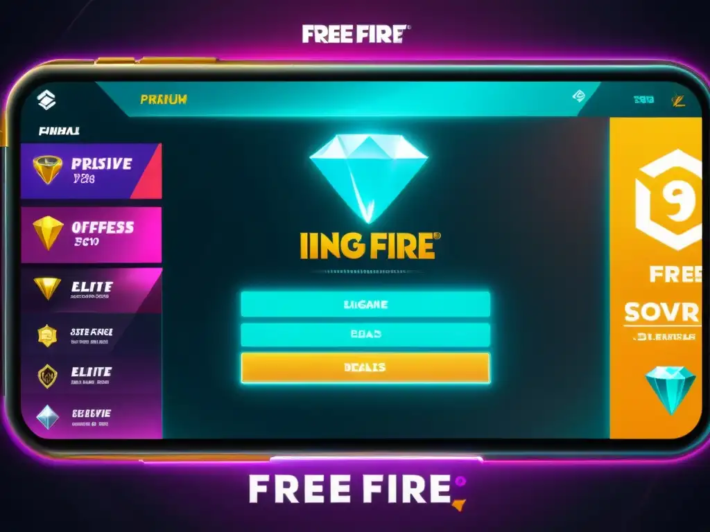 Interfaz futurista de tienda en Free Fire con las mejores ofertas de diamantes, vibrante y moderna