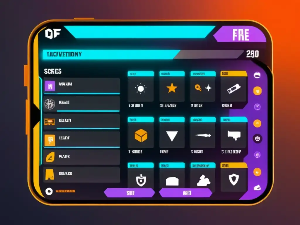 Interfaz de gestión de inventario en FreeFire, mostrando una disposición meticulosa de armas, municiones y objetos esenciales