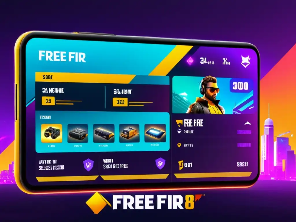 Interfaz moderna de la tienda de Free Fire con armas, skins y powerups