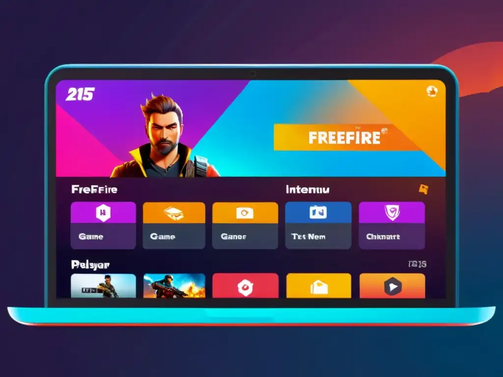 Interfaz de usuario detallada y moderna en FreeFire, con colores vibrantes, iconos intuitivos y animaciones suaves