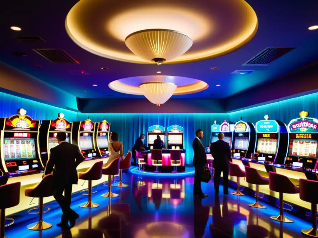 Interior elegante de casino con máquinas tragamonedas iluminadas y juego de póker animado