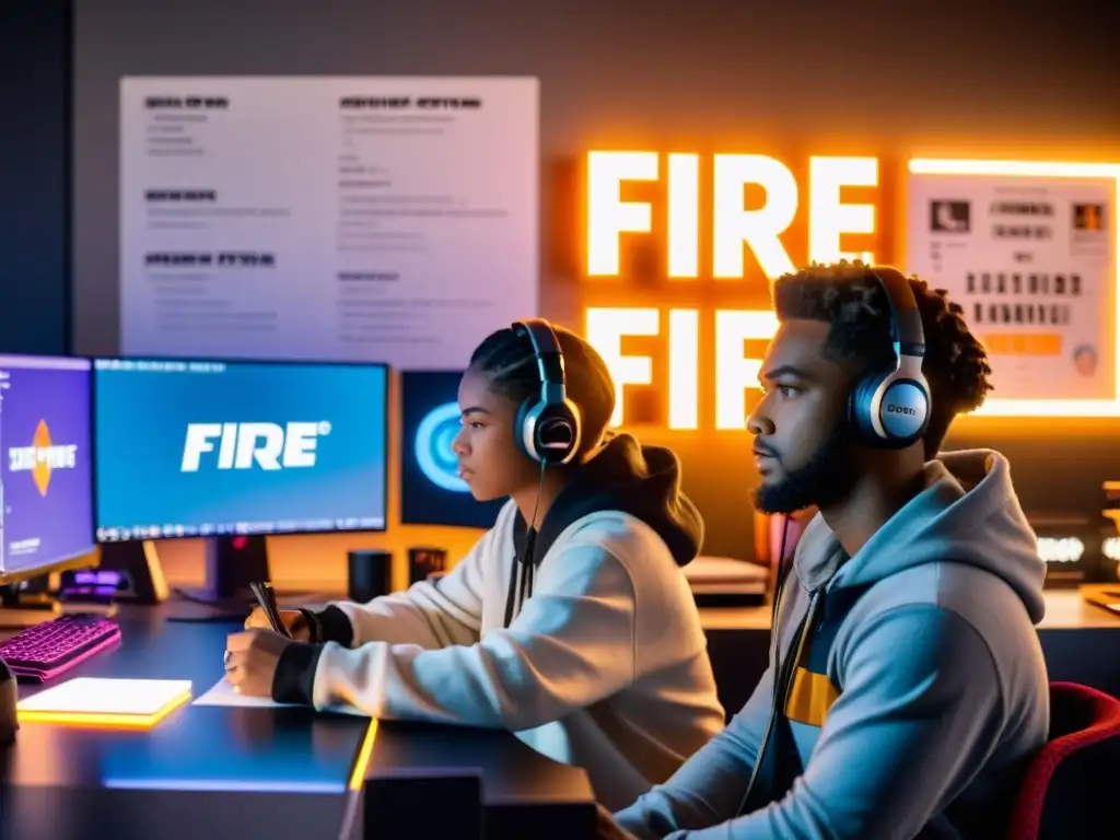 Jóvenes creadores de contenido de Free Fire trabajan con pasión y dedicación en sus computadoras, rodeados de notas y bocetos