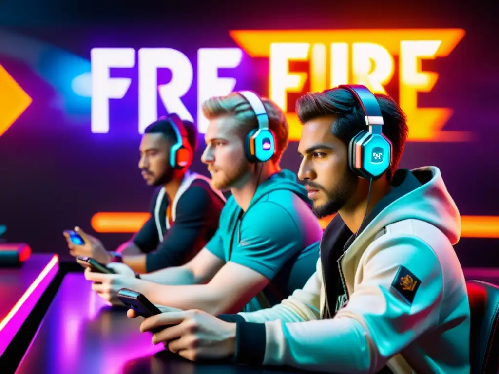 Jóvenes gamers concentrados en sus smartphones, jugando Free Fire