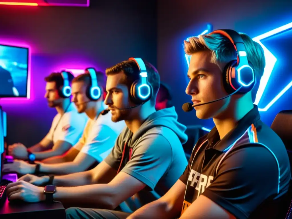 Jóvenes gamers en una habitación con luces de neón, concentrados en pantallas, rodeados de tecnología gaming