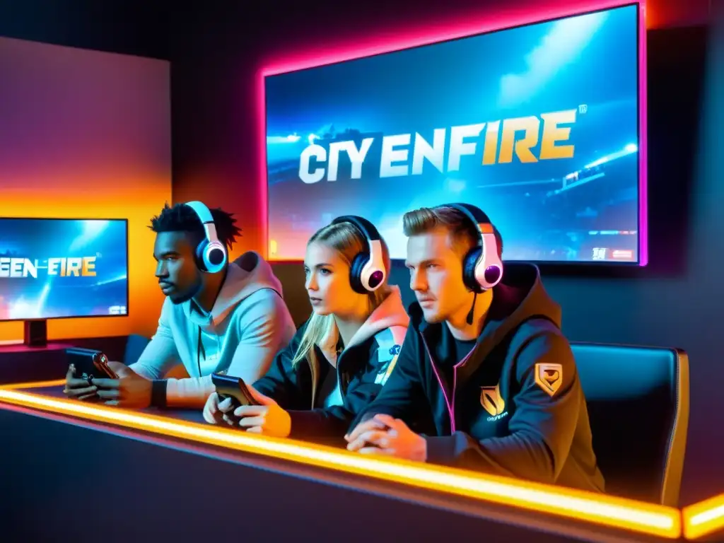 Jóvenes jugadores emergentes concentrados en la intensa competencia del FreeFire City Open, rodeados de luces neón en una arena de esports