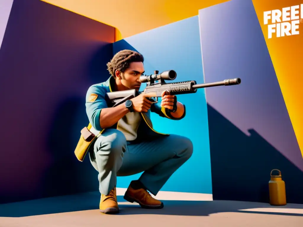 Un jugador de Free Fire agachado detrás de una pared, enfocado y determinado con su arma