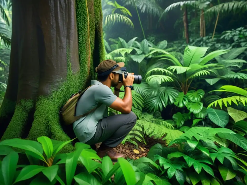 Un jugador agazapado detrás de un árbol en la densa jungla, usando binoculares de alta tecnología para detectar enemigos ocultos en FreeFire