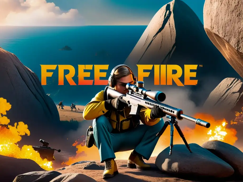 Un jugador en Free Fire agazapado detrás de una roca, atento y preciso con un rifle de francotirador, prever movimientos en Free Fire