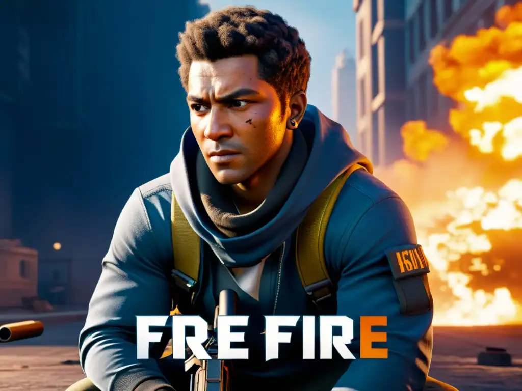 Un jugador de Free Fire agazapado con determinación y enfoque estratégico, listo para la acción en un paisaje urbano devastado