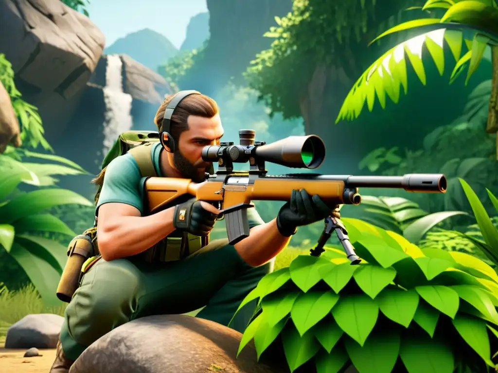 Jugador agazapado con rifle de francotirador en jungla de FreeFire, estrategias sorpresa