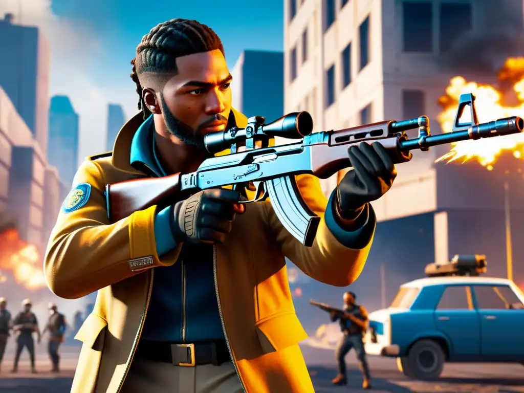 Un jugador en Free Fire con su AK47, inmerso en un intenso combate urbano