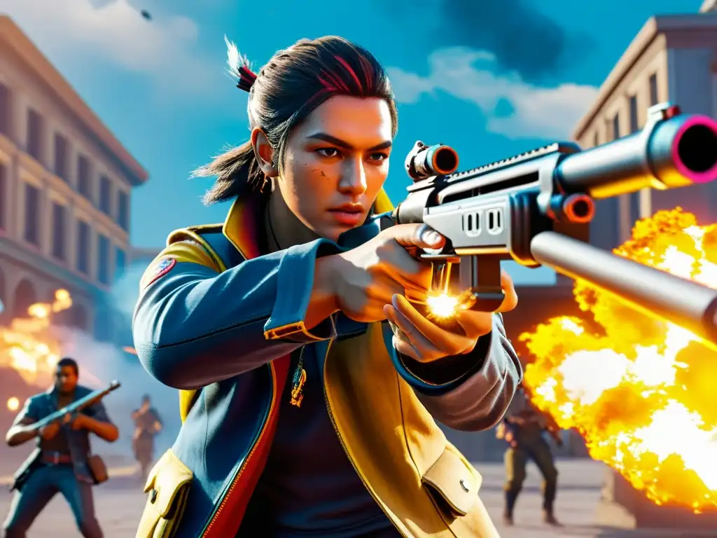 Un jugador de Free Fire empuñando un arma legendaria en medio de la acción