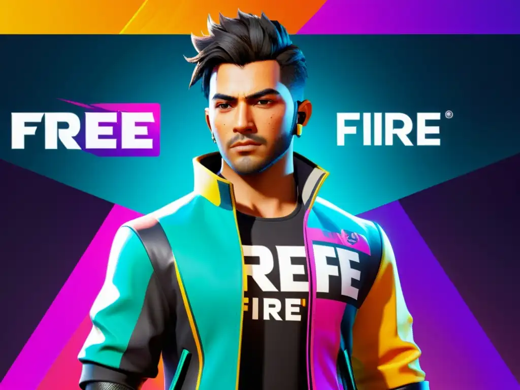 Un jugador de Free Fire personaliza su avatar en un ambiente futurista, rodeado de pantallas virtuales con actualizaciones y tendencias de consumo