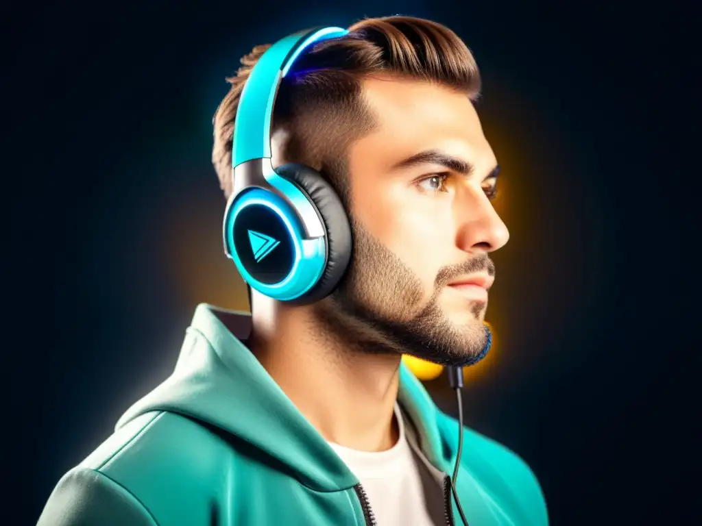 Un jugador concentrado con auriculares gaming iluminados en un ambiente profesional y moderno