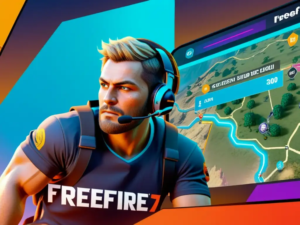 Un jugador de FreeFire concentrado en la estrategia, rodeado de gráficos vibrantes