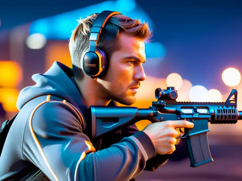 Un jugador de FreeFire concentrado en estrategias defensivas, sudoroso y enfocado, apuntando con determinación en un paisaje urbano futurista