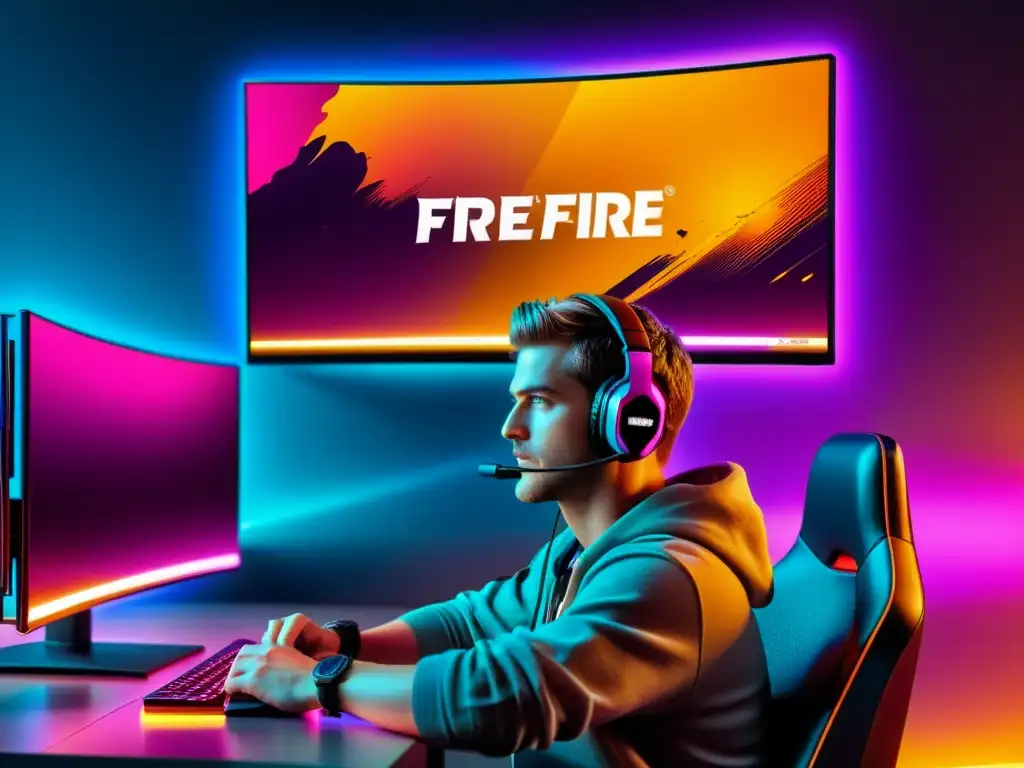 Jugador de Free Fire concentrado frente a monitor curvo para Free Fire, con gráficos vibrantes y juego inmersivo en 8k