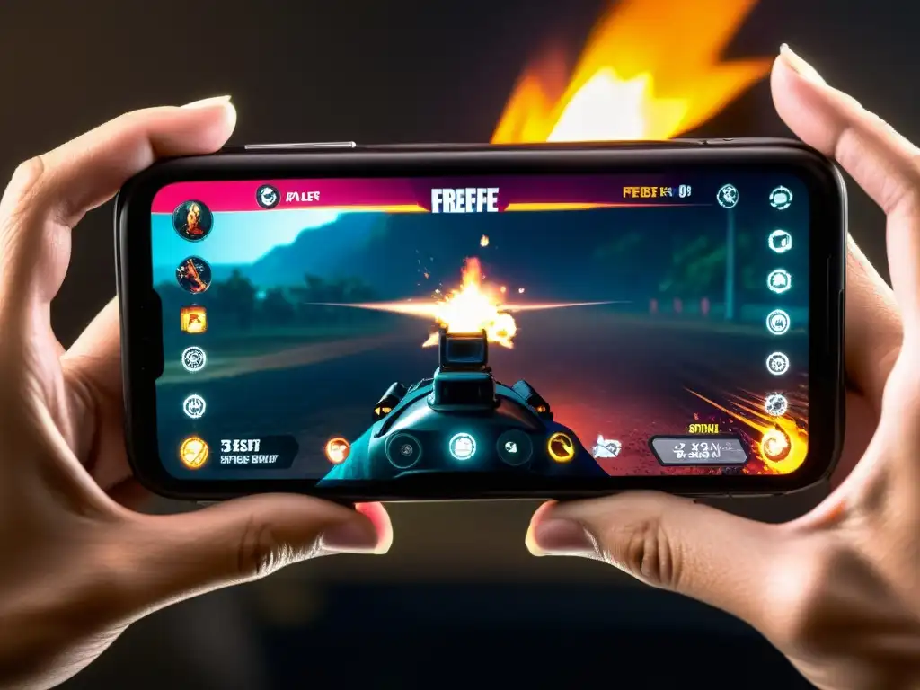 Un jugador concentrado en una intensa partida de FreeFire, con sus manos aferrando el teléfono y sudor en la frente