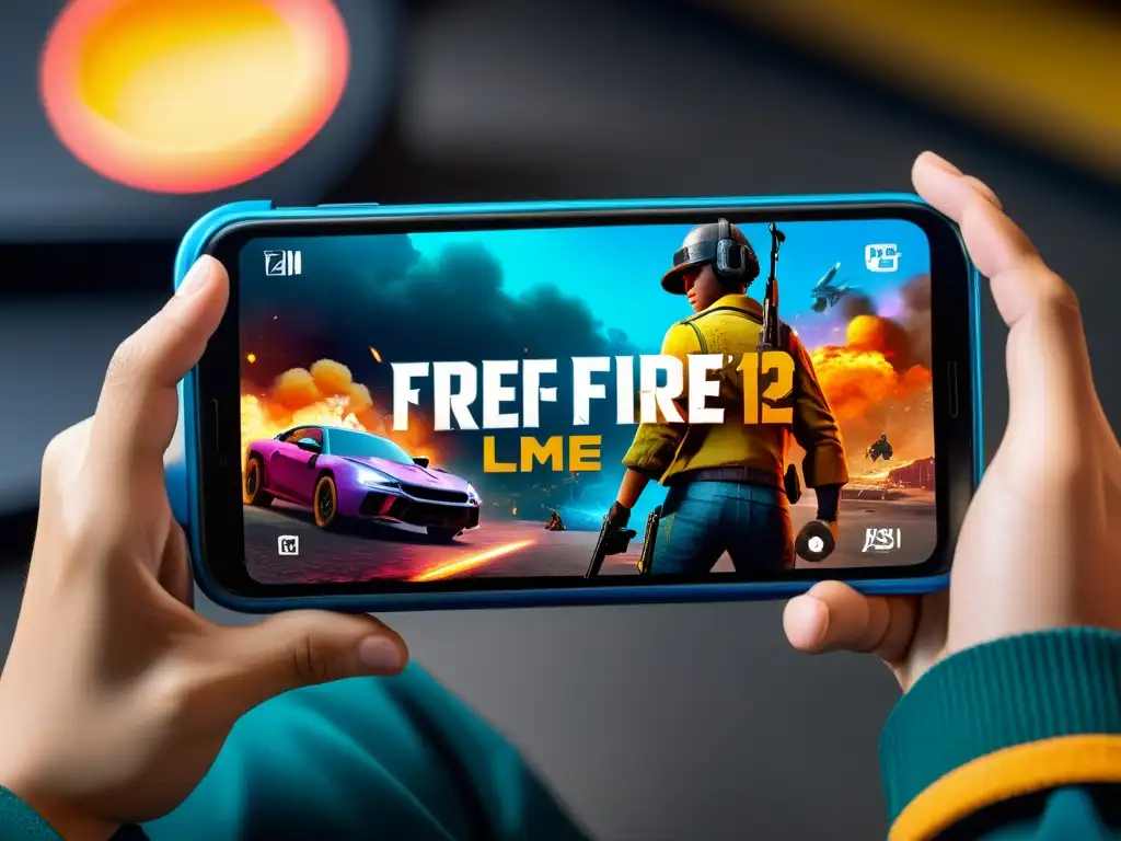 Un jugador concentrado en Free Fire en el mejor smartphone para jugar, con gráficos vibrantes y una atmósfera inmersiva