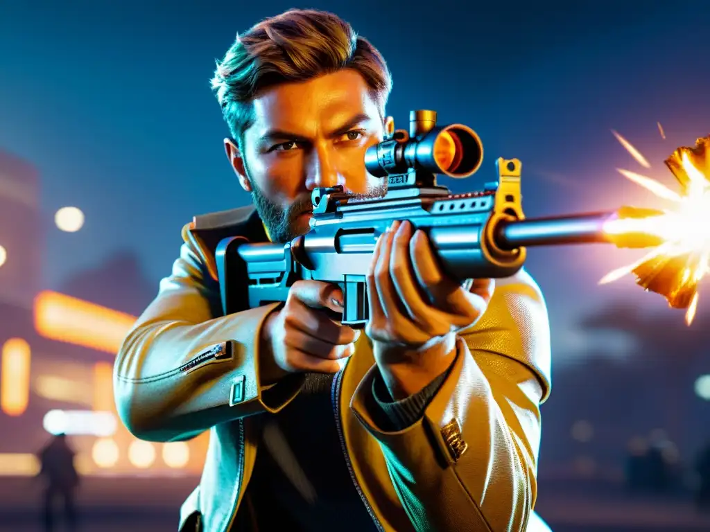 Jugador de Free Fire concentrado apuntando con las mejores armas del estilo, inmerso en un entorno dinámico y emocionante