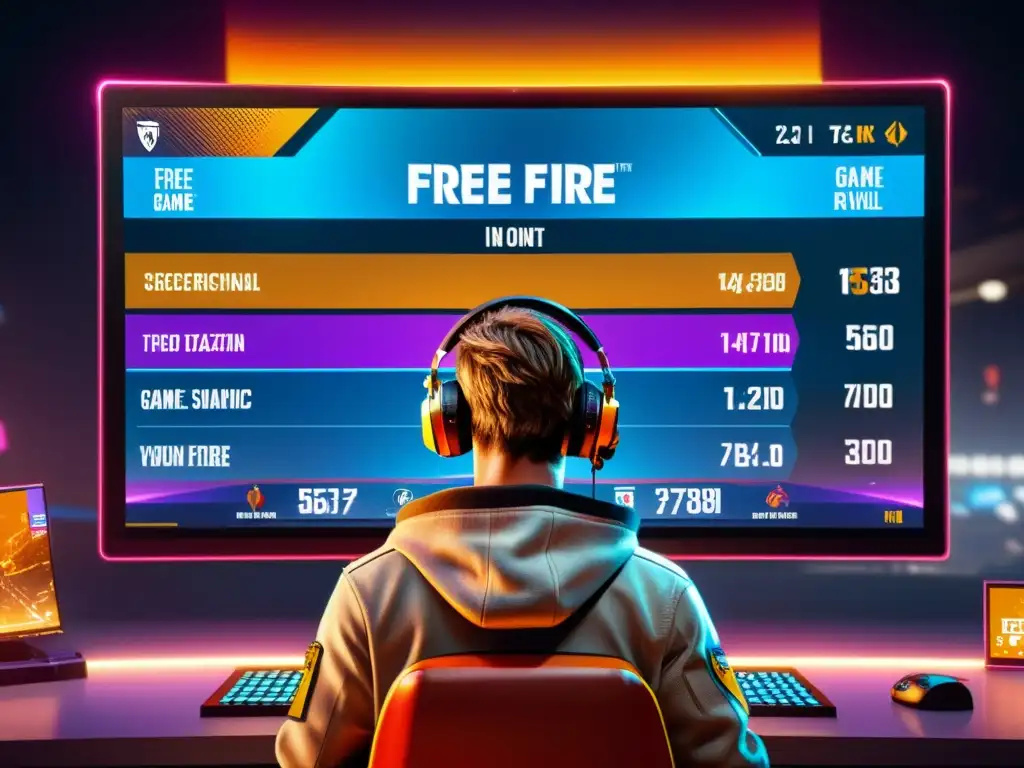 Jugador concentrado en Free Fire, analizando a sus rivales con tecnología futurista