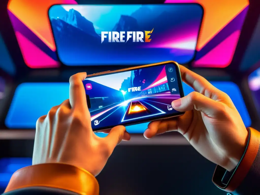 Un jugador concentrado en su smartphone, reflejando la intensa interfaz de Free Fire en sus ojos