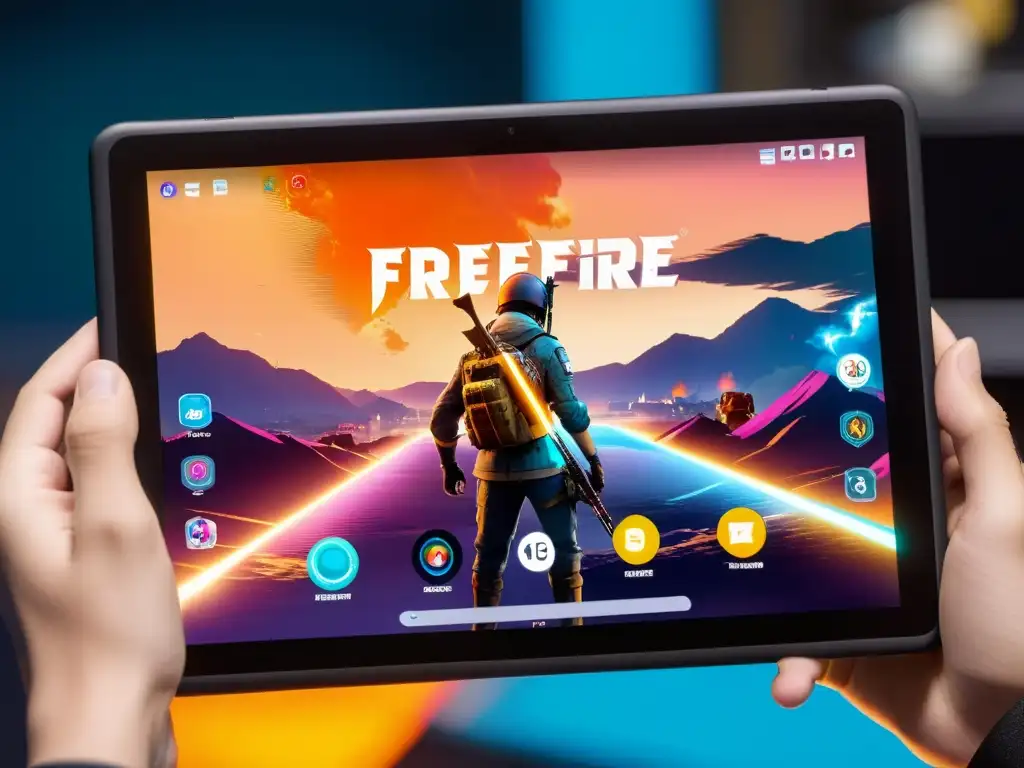 Un jugador concentrado juega FreeFire en un tablet de alto rendimiento, capturando la emoción del juego