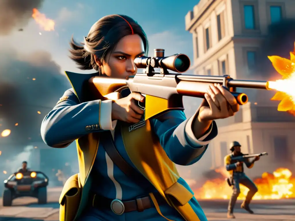 Jugador con consejos actualizaciones armas Free Fire, inmerso en intenso combate con llamas y humo de fondo