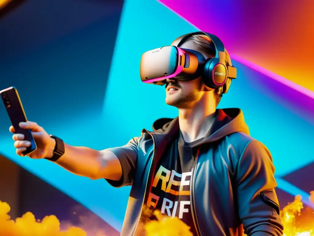 Un jugador experimenta la emoción de la realidad virtual y aumentada de FreeFire, con tecnología futurista integrada en un entorno real