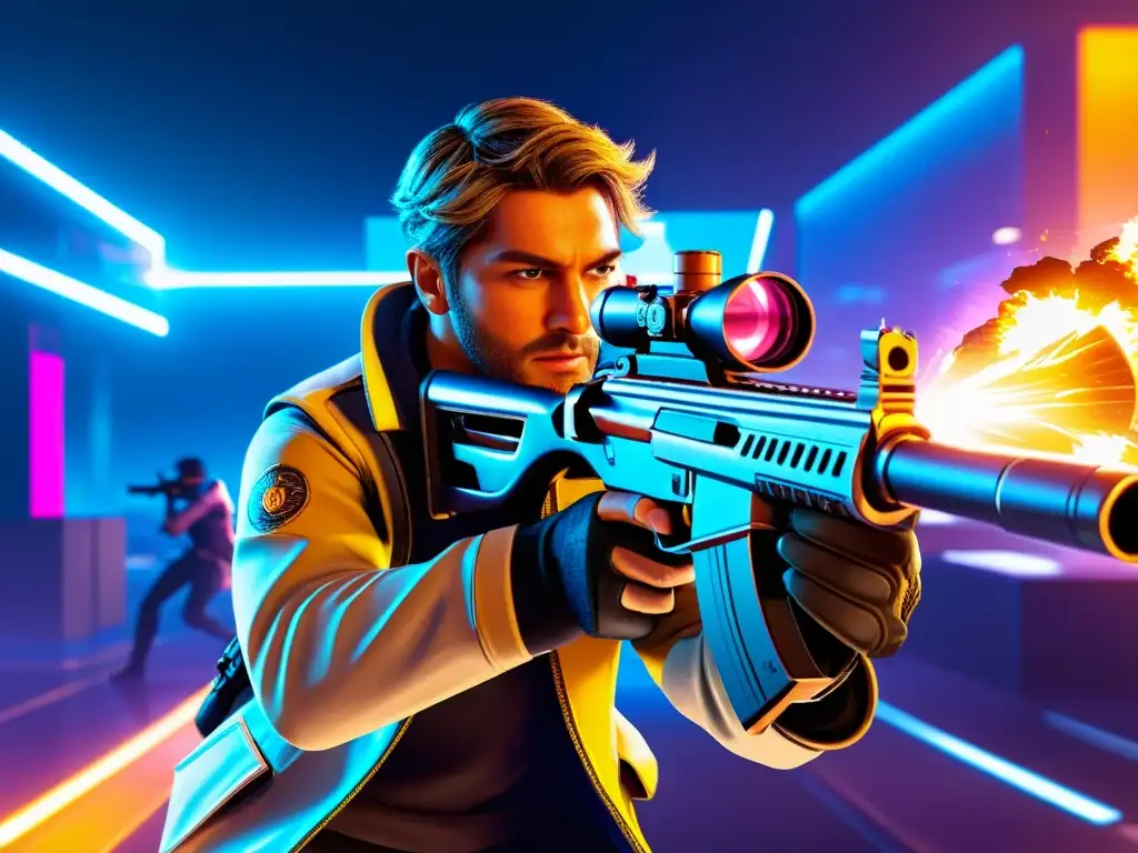 Jugador enfocado apuntando en Free Fire, entre luces neón, con tácticas para reducir RNG FreeFire