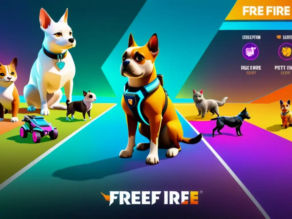 Jugador de Free Fire personalizando equipamiento con las mejores mascotas, en un entorno futurista y de alta tecnología