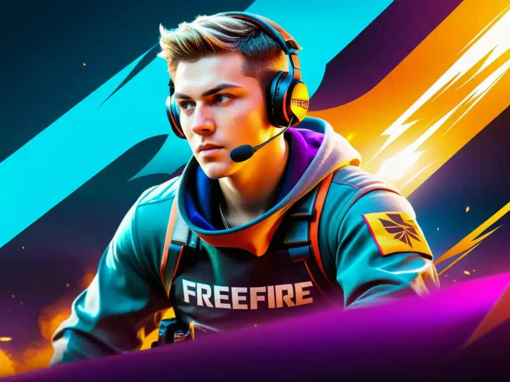 Un jugador de FreeFire eSports maniobrando con determinación en un campo de batalla caótico, con gráficos futuristas y colores vibrantes