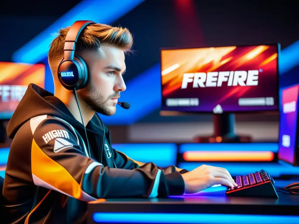 Jugador de esports concentrado compitiendo en torneo de FreeFire con pantallas táctiles personalizadas