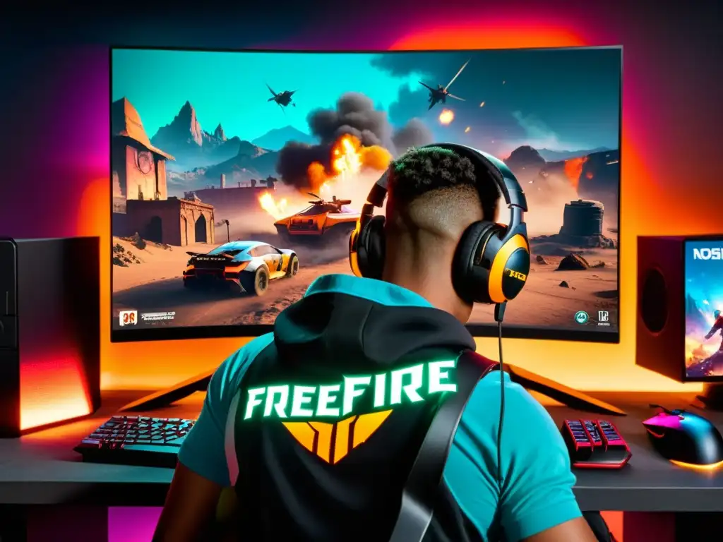 Un jugador de eSports concentradísimo enfrentando errores comunes en FreeFire, con su set gaming iluminado