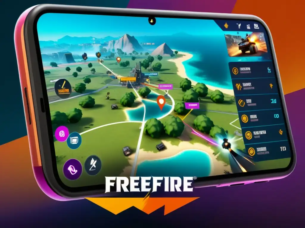 Un jugador estratégico navega por un mapa detallado en FreeFire, mostrando intensidad y habilidad en la ruta de aprendizaje para FreeFire