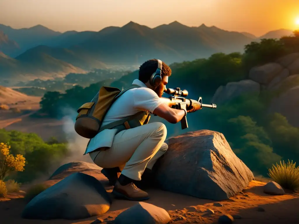 Jugador estratégico en Free Fire, esperando con paciencia el momento de atacar al atardecer