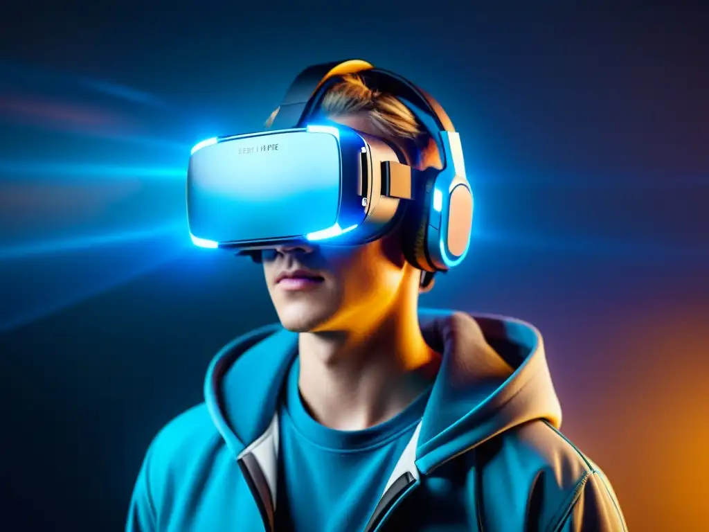 Jugador inmerso en tecnologías emergentes de realidad aumentada de Free Fire, con auriculares futuristas iluminados en azul