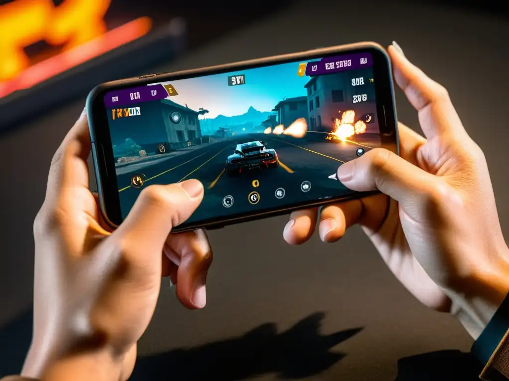 Un jugador con manos firmes sobre un smartphone, listo para la intensa batalla en FreeFire