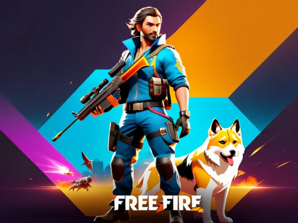 Un jugador y su mascota en Free Fire, listos para la batalla con equipo poderoso