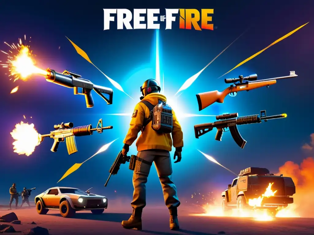 Un jugador de Free Fire elige estratégicamente su mejor armamento para su estilo de juego, rodeado de una variedad de armas organizadas y etiquetadas