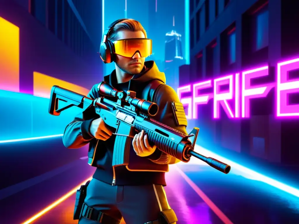 Jugador de Free Fire con las mejores combinaciones de armas en un escenario futurista y urbano, listo para la acción de alto riesgo