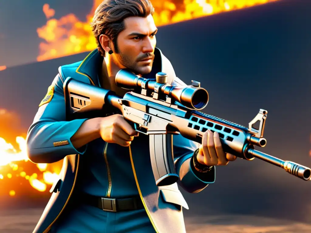 Un jugador de Free Fire con una mirada determinada sostiene una potente arma personalizada, destacando su precisión y poder