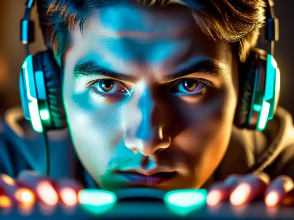 El jugador de As Tonde Gamer muestra determinación y concentración en su mirada enfocada en la pantalla, con iluminación dramática y sombras intensas