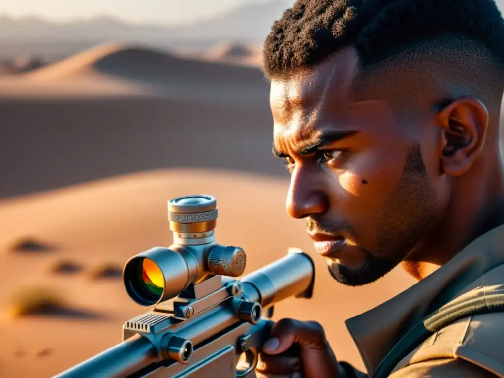 Un jugador concentra su mirada en la pantalla, ajustando la elevación de su rifle en el desierto al atardecer