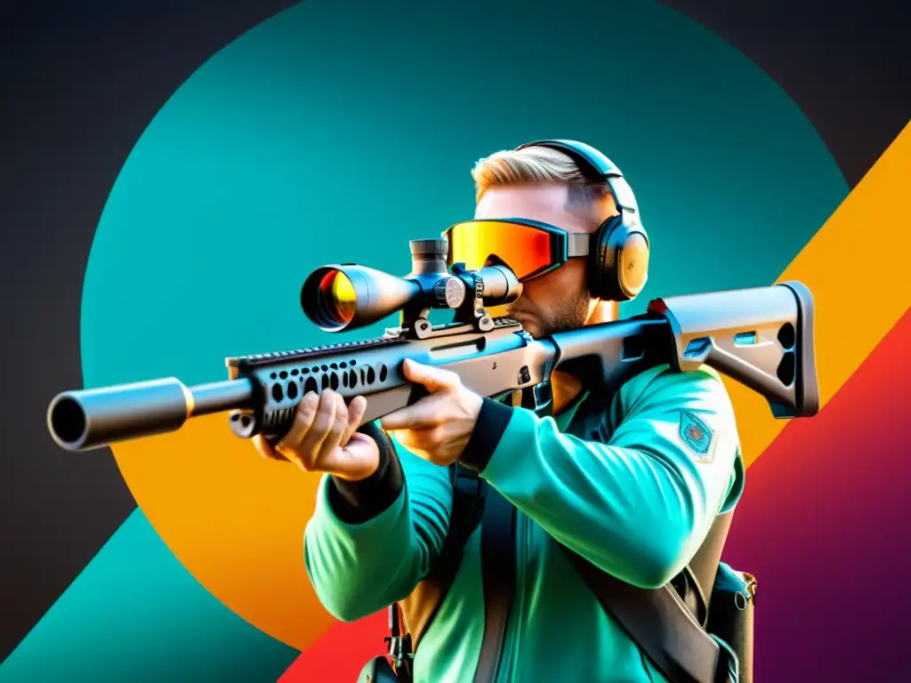 Un jugador de FreeFire en postura táctica, apuntando con precisión un rifle de diseño detallado