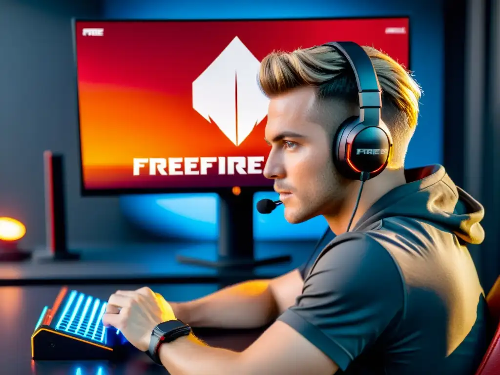 Un jugador profesional de FreeFire completa desafíos diarios con concentración intensa, en un ambiente moderno y enfocado