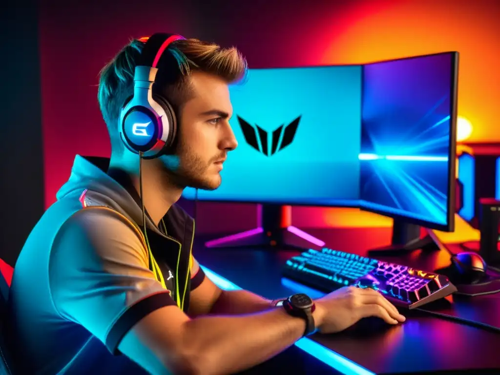 Jugador profesional concentrado mejora juego FreeFire sin riesgos en setup gaming futurista con múltiples monitores y luces RGB