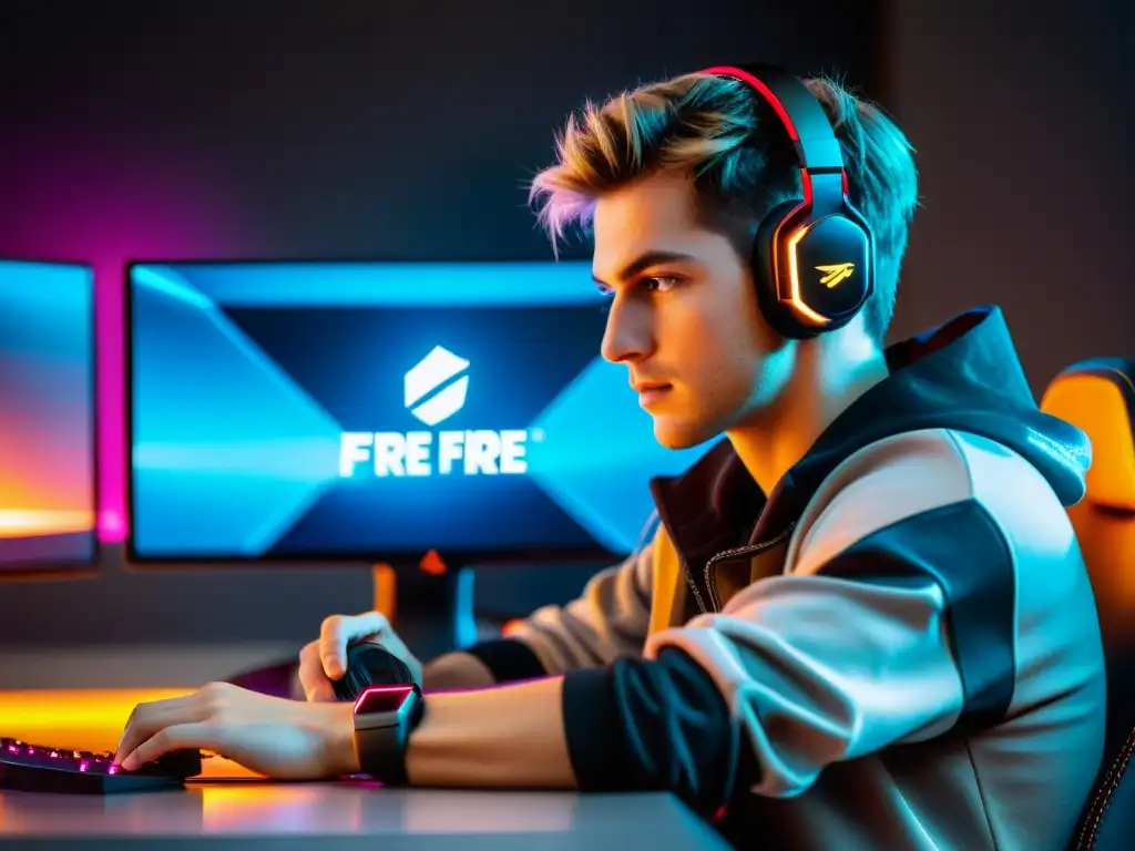 Jugador profesional de Free Fire concentrado en su mouse mientras compite