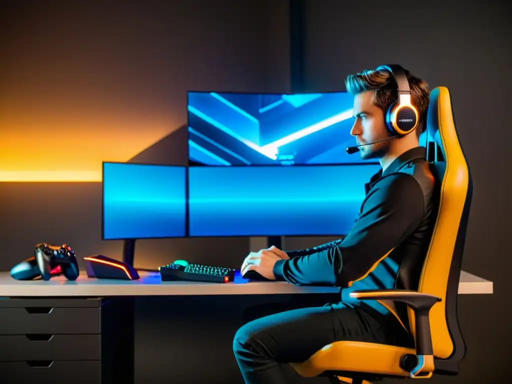 Jugador profesional de Free Fire concentrado en su silla gaming, con un setup futurista